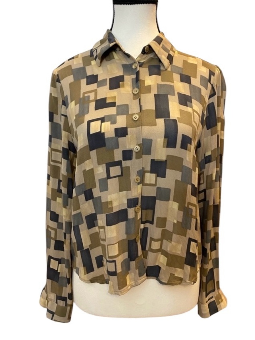 Vintage 100% Silk Multicolor Geometric Button-Down Shirt size 10P retro